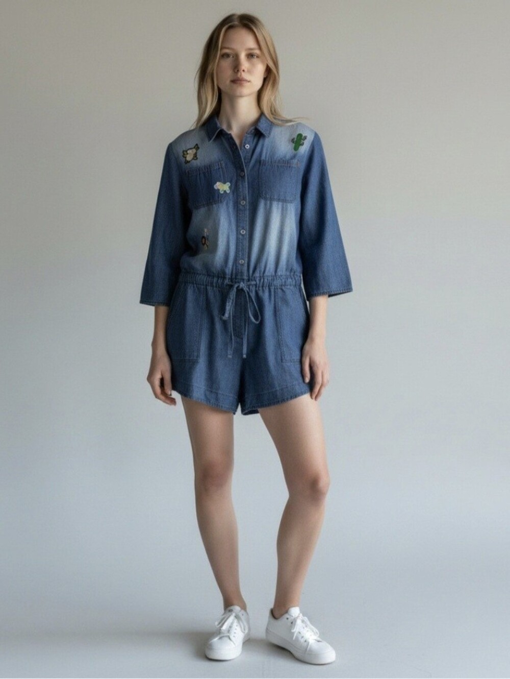Oddy NWT Denim Romper Shorts with patches floral cactus Llama size‎ large